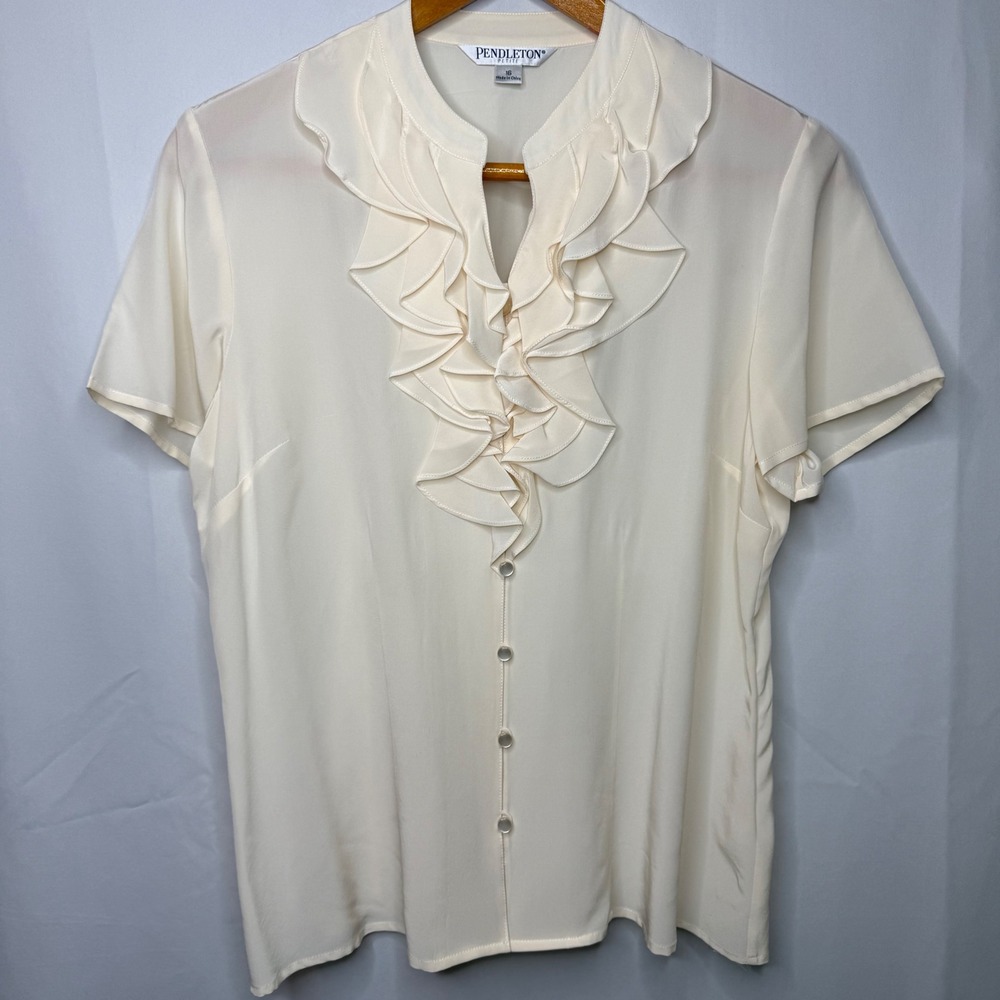 Pendleton Petites Ivory 100% Silk Ruffle Front Blouse Short Sleeve Cream Sz 16P